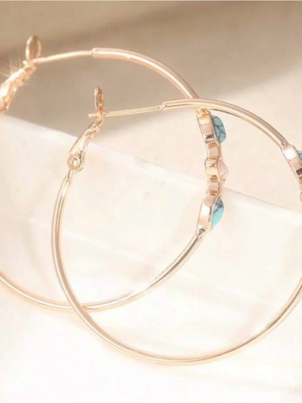 Gold Hoop Earrings with Turquoise and Peach Stone Accents
